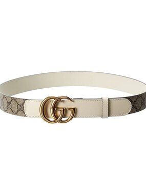 Gucci Gg Marmont Thin Gg Supreme Canvas & Leather Belt Women's Beige 120